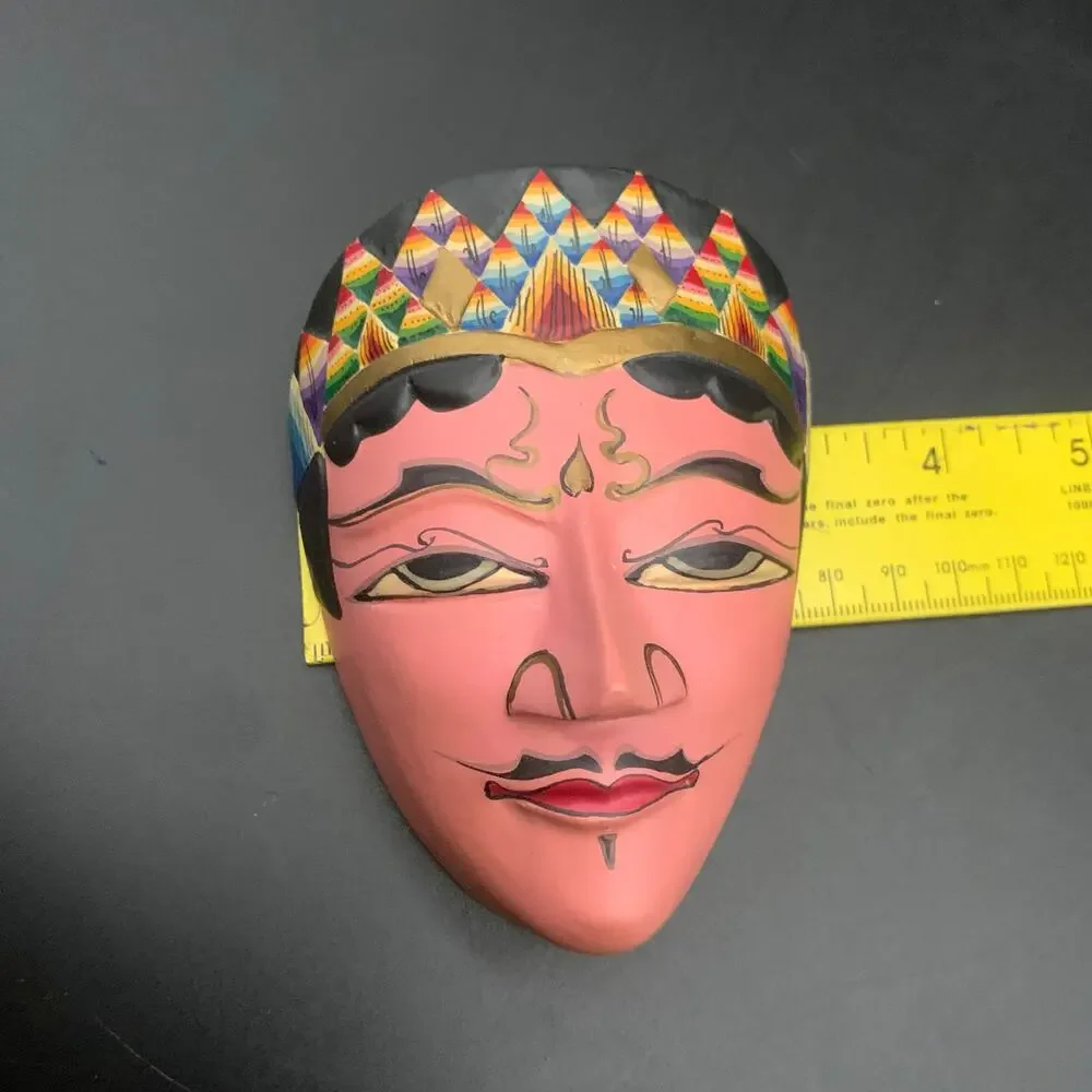 Vintage Indonesian Hand Carved Wood Pink Face Mask Wall Hanging Hand Painted